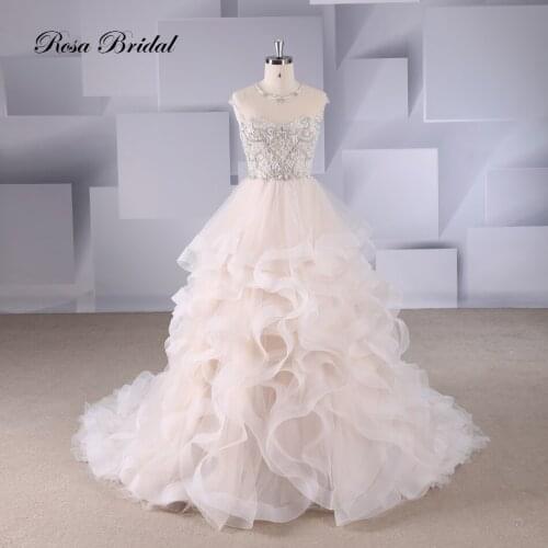 Rosabridal wedding dress 2019 new design Round beading collar and heaving beading over tulle bodice lotus leaves skirt illusion