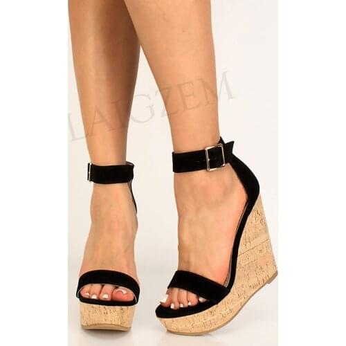 BERZIMER Women Sandals Platform Cork Wedges High Heels Ladies Faux Suede Ankle Strap Sandals Shoes Woman Large Size 43 44 50 52