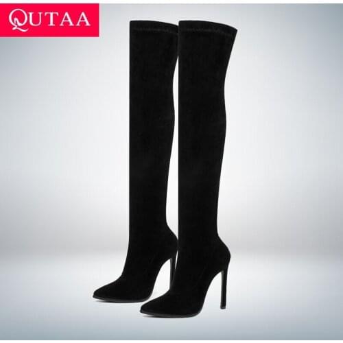 QUTAA 2020 Winter Over The Knee Women Boots Stretch Fabrics High Heel Slip on Shoes Pointed Toe Woman Long Boots Size 34-43