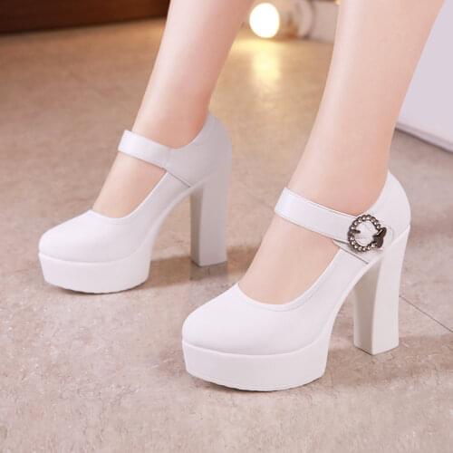Plus Size 32-43 Block Heel Platform Shoes Women Wedding Shoes 2021 Spring High Heels Pumps Ladies Office Party Shoe White Silver