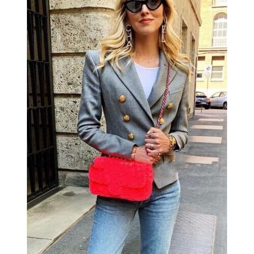 [ElfStyle] - WISHBOP GREY Tailored Double Breasted Blazer Gold Buttoned Front Flap Pocket Slim COAT WOMAN NEW