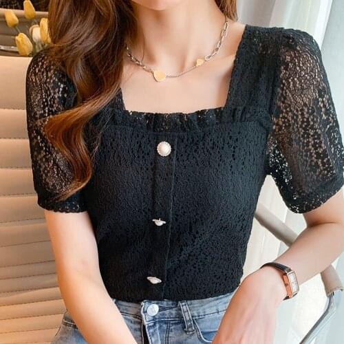 Vetement Femme 2021 Short Sleeve Lace Womens Top Elegantes Square Collar Lace Spliced Dropshipping Blusas Female Shirts 0650
