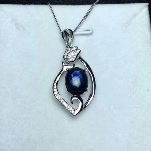 Natural black blue sapphire pendant S925 silver Natural gemstone Pendant Necklace trendy Elegant Tulips Flower women jewelry