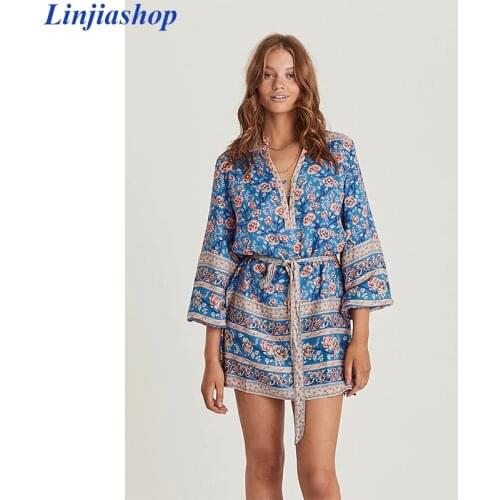 Linjiashop print bohemian mini dress women sashes autumn boho long sleeve ladies vintage short dress femme 2019 new arrivals
