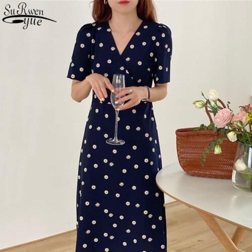 2021 Korean New Summer Dress Chiffon V-neck French Floral Long Dress for Women Casual Women Office Lady Dresses Vestido 14221