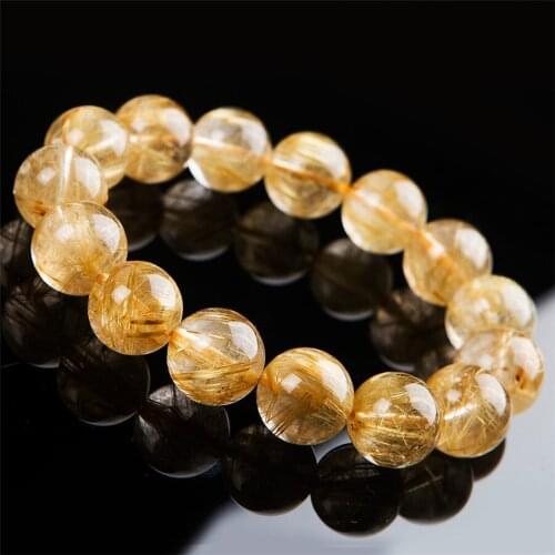 15mm Natural Golden Rutilated Quartz Bracelet Healing Crystal Titanium Round Bead Stretch Power Bracelets Woman Men