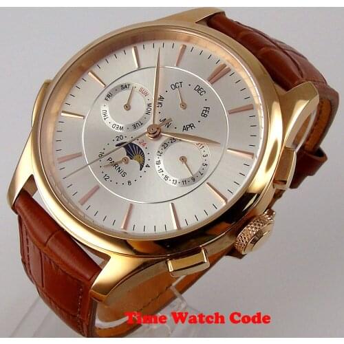 44mm PARNIS Silver dial rose golden plated case Moon Phase day date indicator multifunction week display brown leather strap
