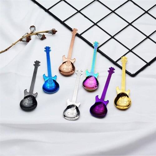 6pcs/ set Stainless Steel Long Guitar Coffee Spoon For Tea Dessert Ice Cream Spoon Gold Silver Colorful Kitchen Drinking Spoons