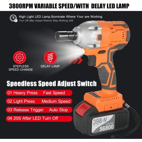 Cordless Brushless Impact Wrench 1/2 Inch 380Nm High Torque 4.0A Li-ion Battery Variable Speed with Carry Box Socket