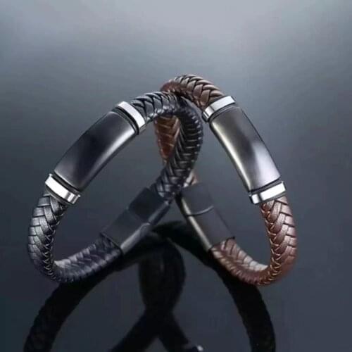 European and American stainless steel charm magnetic black mens bracelet genuine leather silk woven punk rock Bracelet accessor