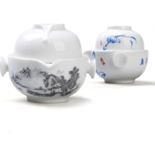 [GRANDNESS] Quik Cup of Blue and White Porcelain Pot,Tea Set Include 1 Pot 1 Cup, High Quality Elegant Gaiwan