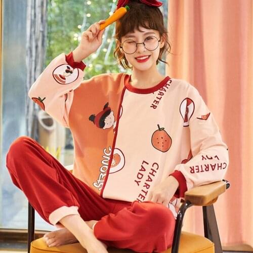 Color Plaid Trousers Pijamas Cotton Sleepwear Long Sleeves Long Pants Autumn Winter Pyjamas Women Cartoon Printed Women Pajamas