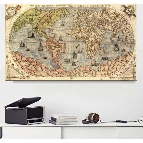 HD World Map Canvas Painting Classic Art Retro Nostalgic Pictures Wall Paintings and Prints, Frameless Paintings Home Decoration