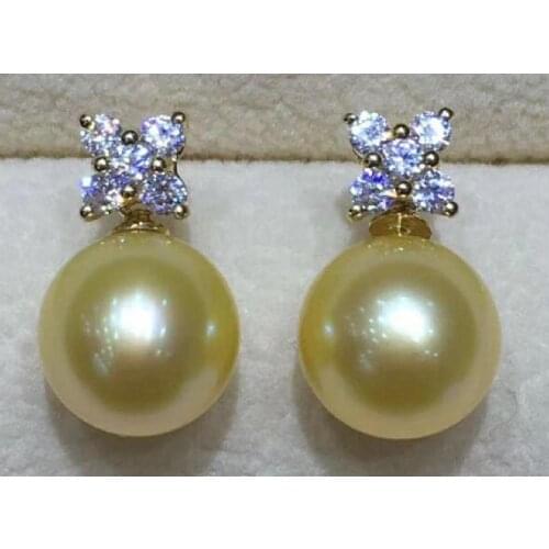AAA 10-11 mm round natural south sea gold pearl earrings 14 K yellow gold