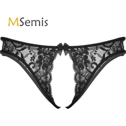 Mens Lingerie Crotchless Sissy Briefs Underwear Floral Lace T-back Panties Hollow Out Low Waist Open Crotch Thong Underpants