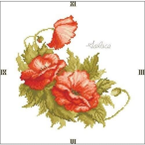 Embroidery Package Hot Sell Best Quality Cross Stitch Kits Poppy Flower with Clock Free Shipping