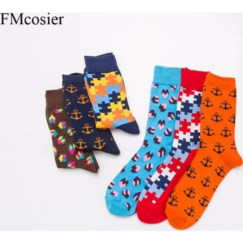 6 Pairs Autumn Winter Funny Cotton Colorful Mens Socks For Men Art Meias Chaussette Homme Sokken Calcetines lot 42 44 46