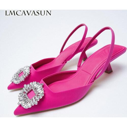 LMCAVASUN ZA Summer 2021 New Womens Shoes Rose Pink Wedding Shoes Sequined Exposed Documentary Shoes
