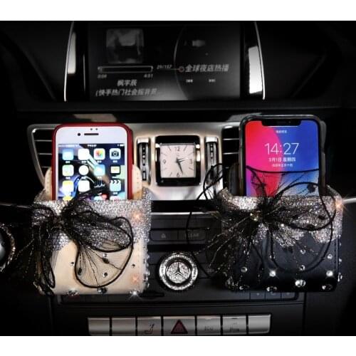 New Diamond Crystal Lace Bowknot Portable Car Storage Box Bag Auto Vent Mount Holder Cosmetics Case Universal Mobile Phone Bag
