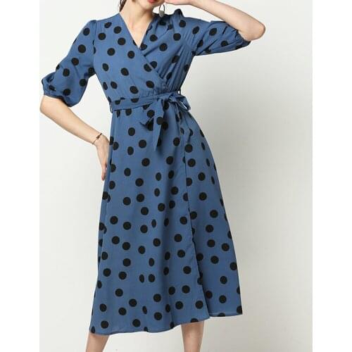 YMING Autumn Women Dress Dot Printed Long Dresses Evening Party Half Sleeve Vestidos Woman Clothes