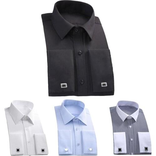 Fashion Men French Cuff Long Sleeve Cotton Business Shirt Top with Cufflinks Male Social Casual Business White Black Shirt