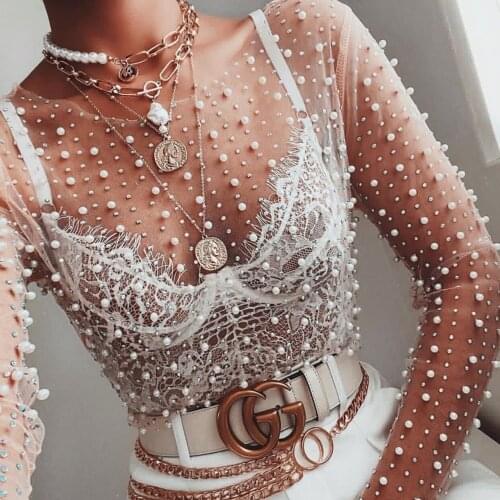 Sexy See Through T Shirt Women Mesh Sheer Patchwork Diamonds pearl Slim t-shirts Elegant Crop Tops Female 2021 Spring Clothes