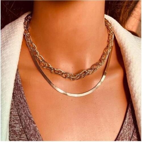 Thick Fishbone Chain Link Necklace Punk Chokers Double Layer Gold Alloy Statement Collar Vintage Trendy Necklace & Pendant