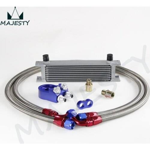 10 ROW AN-10AN UNIVERSAL ENGINE TRANSMISSION OIL COOLER BRITISH TYPE + BLUE FILTER OIL HOSE KIT