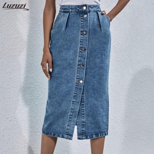 Luzuzi Single Breasted Knee Length Denim Skirt Women 2021 Summer Streetwear Casual Pocket High Waist Straight Jeans Skirt New