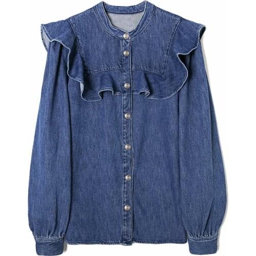100% Cotton Autumn Womens Denim Shirt Long Sleeve Solid Color Ruffled Fashion Top Doll Collar Casual Button 2020 Ladies Jacket
