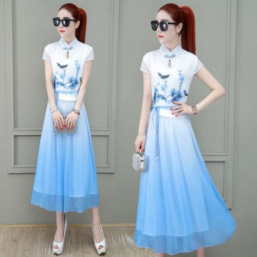 Womens Midi Cheongsam Party Dress Temperament Slim Thin 2021 New Chinese Style Hanfu Summer Fashion Dresses Female Long Skirt