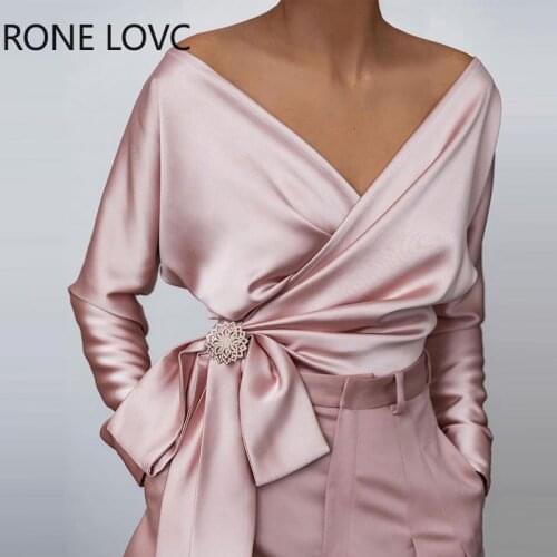 Women Solid Elegant V neck Satin Bowknot Sexy Women Blouse