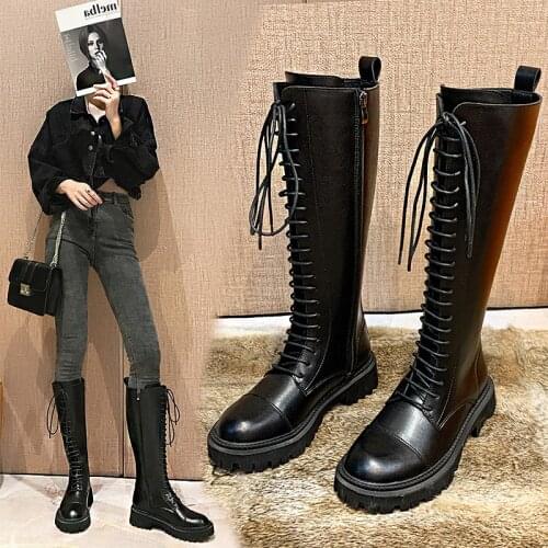 2021 Autumn New Black Plus Velvet Warm Boots Microfiber Rubber Platform Shoes Ladies Knee-Length Fashion Boots