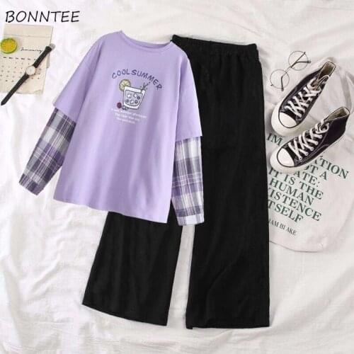 Sets Women Cute Fresh Purple Korean Trendy College Girls Outfits Harajuku Long Sleeve Tops Tee All-match Elastic Waist Trousers