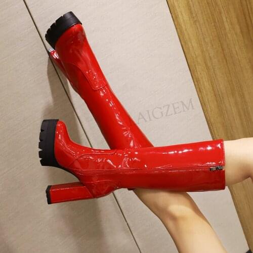 LAIGZEM Women Knee High Boots Platform Zip Up 11.5CM Thick Heels Boots Comfortable Ladies Winter Shoes Woman Big Size 33 41 43