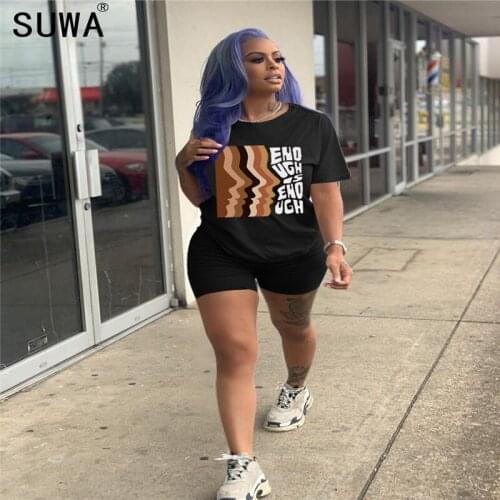 2020 summer hot sale cool black short sleeve print with round neck top and hot shorts 2 pieces set casual lady fashion women set