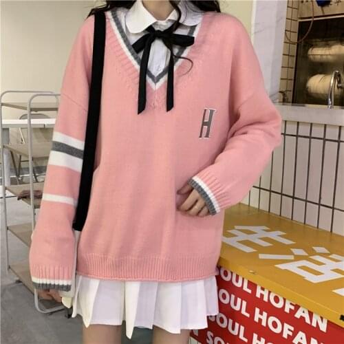Chic Harajuku Japanese vintage Preppy Style sweater women autumn new Korean fashion loose simple V-neck casual women sweater