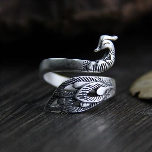 Elegant Peacock Literary 925 Sterling Silver Temperament Retro Original Personality Female Resizable Opening Rings SRI085