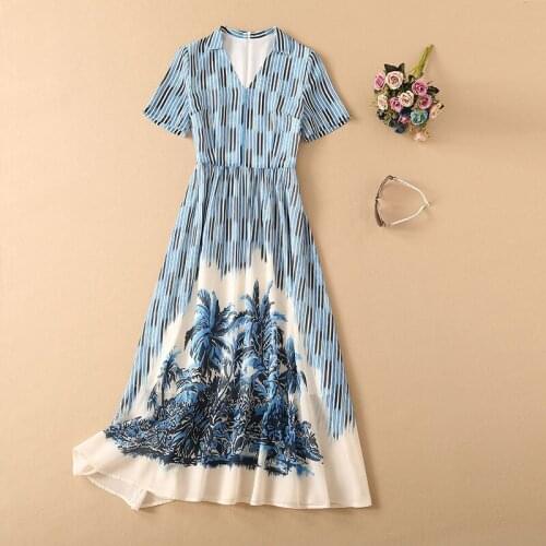 2021 Spring Summer Free Shipping Dress Crew Neck Short Sleeve Empire Fashion Womens Dress Blue Striped Polyester