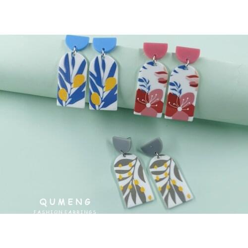 2021 New Original Semicircle Geometric Colorful Plant Printed Acrylic Earrings Fashion Characteristic Jewelry For Girl Wholesale