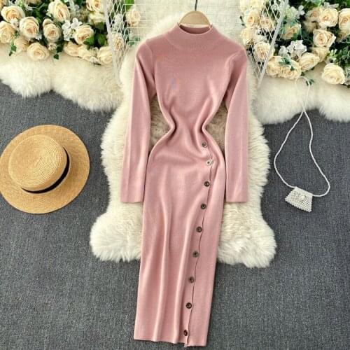 2021New Autumn Winter Women Knitted DressHalf high collar Sweater Dresses Lady Slim Long Sleeve Warm inner base dress