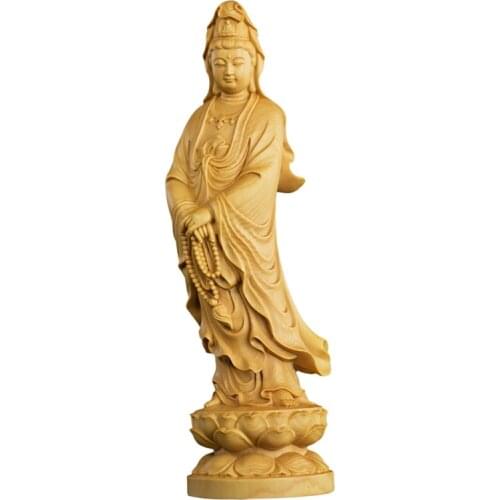 21cm Solid wood lotus statue of Guanyin Modern art sculpture Home Feng Shui Decoration Guanyin Bodhisattva Gift Buddha Statue