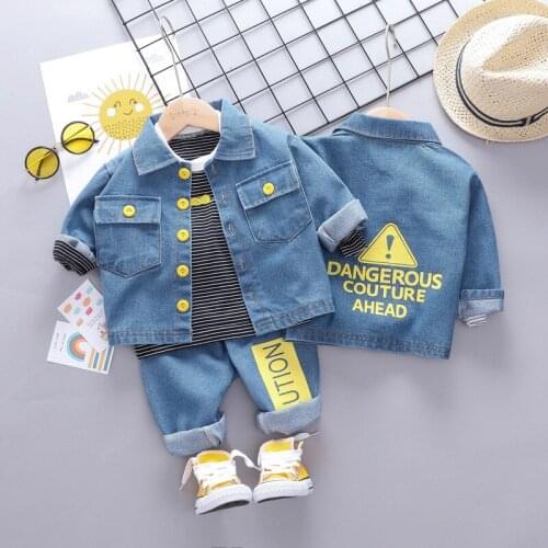 Spring Autumn Child 3pcs Casual Striped Long Sleeve T-shirt Denim Jacket Jeans Baby Clothing Sets Boys Girls Kids Tracksuit New