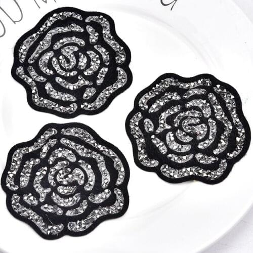7.5cm Black flower pile Hotfix Rhinestone motifs 15pcs/lot iron on transfer Applique patches forclothing shoebags craft