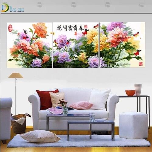 Diamond Painting 5D Diy Triptych Full Drill Mosaic Chinese style Blossoms Rich And Honorable Cross Stitch Embroidery Handmade