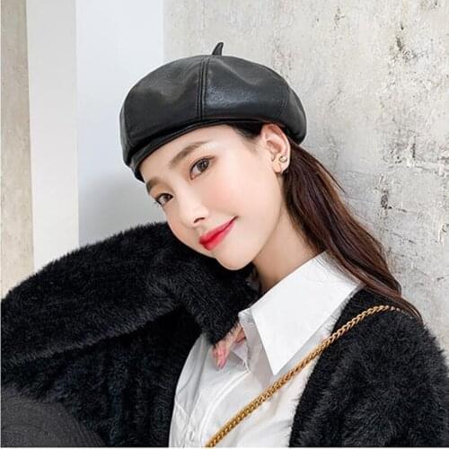 PU Leather Berets For Women Fashion Ladies Black Caps Stewardess Red Yellow Beret Autumn Winter Artist Hats