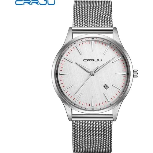 New CRRJU Men Full Stainless Steel Mesh Strap Business Watches Mens Quartz Date Clock Men Wrist Watch Relogio Masculino