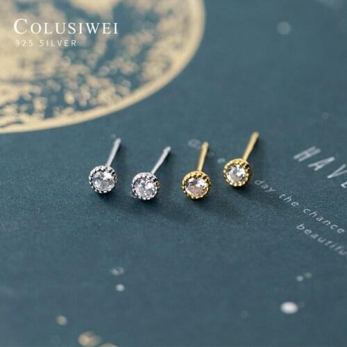Colusiwei Clear CZ Gold Color Tiny Round Stud Earring for Women 925 Sterling Silver Anti-Allergy Ear Pin Fine Jewelry Kids Gift