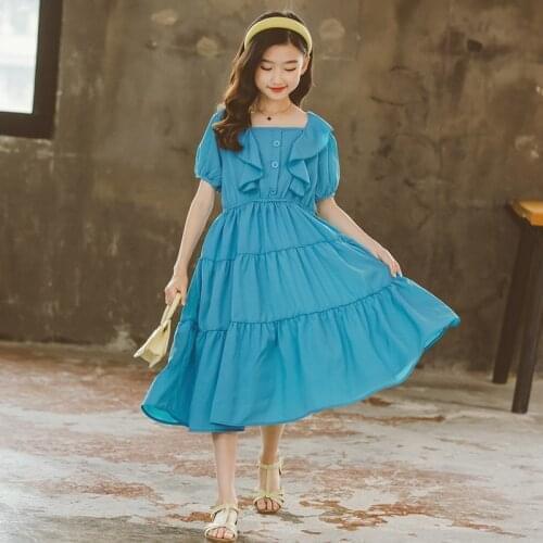 4 To 15 Years 2021 Summer New Teen Girls Clothes Dress Mid Long Dresses Children Clothing Baby Blue Chiffon Fashion Dress