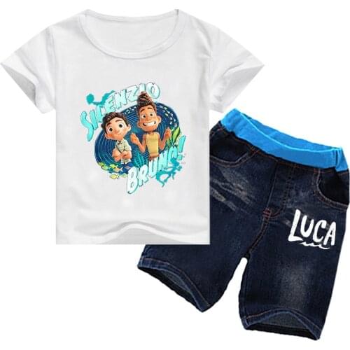 Luca Pixar Disney Kids Clothes Sets Short Sleeve Children Tshirt and Denim Shorts Cartoon FILMS Girl Baby Boy Child Costume Suit